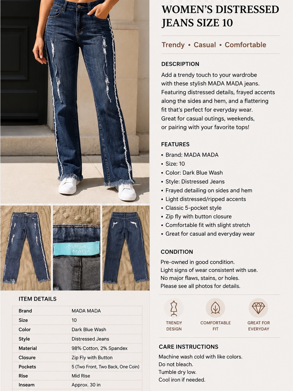 Ada Dark Blue Distressed Wide-Leg Jeans